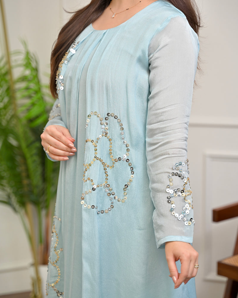 Aqua Sheen Chinnon Handwork Festive Co-ord