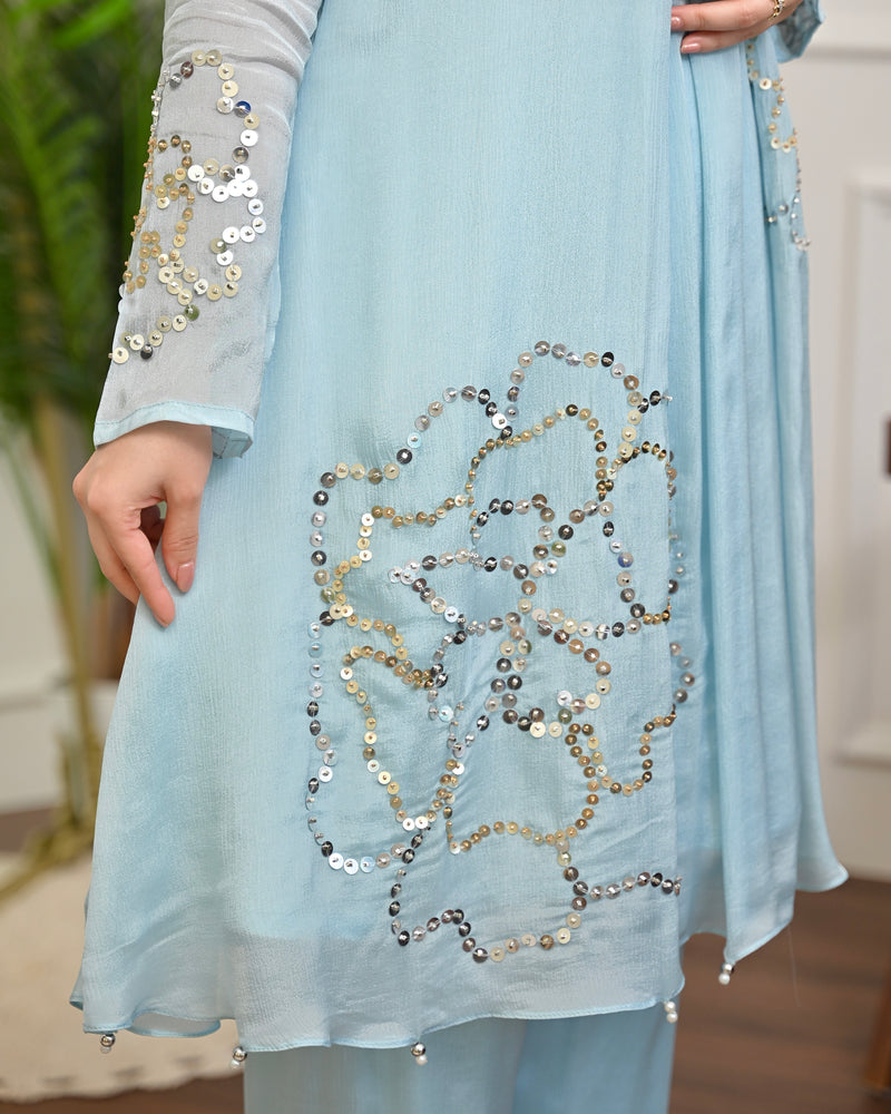 Aqua Sheen Chinnon Handwork Festive Co-ord