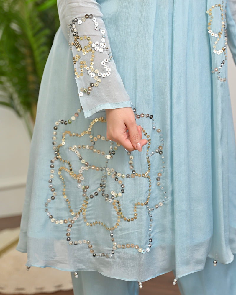 Aqua Sheen Chinnon Handwork Festive Co-ord