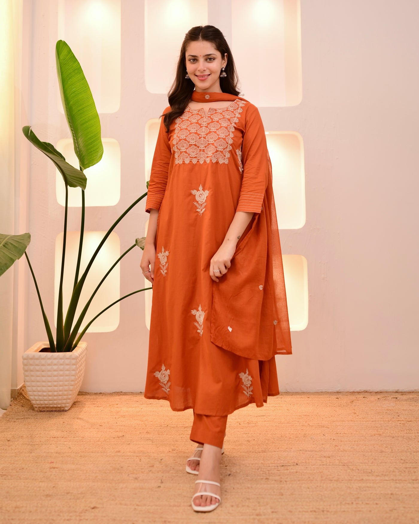 Rust Orange Threadwork Cotton Suit
