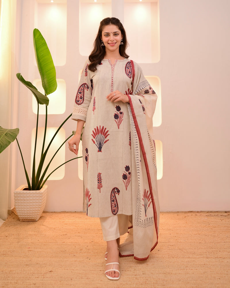 Ivory Red Paisley Striped Cotton Suit