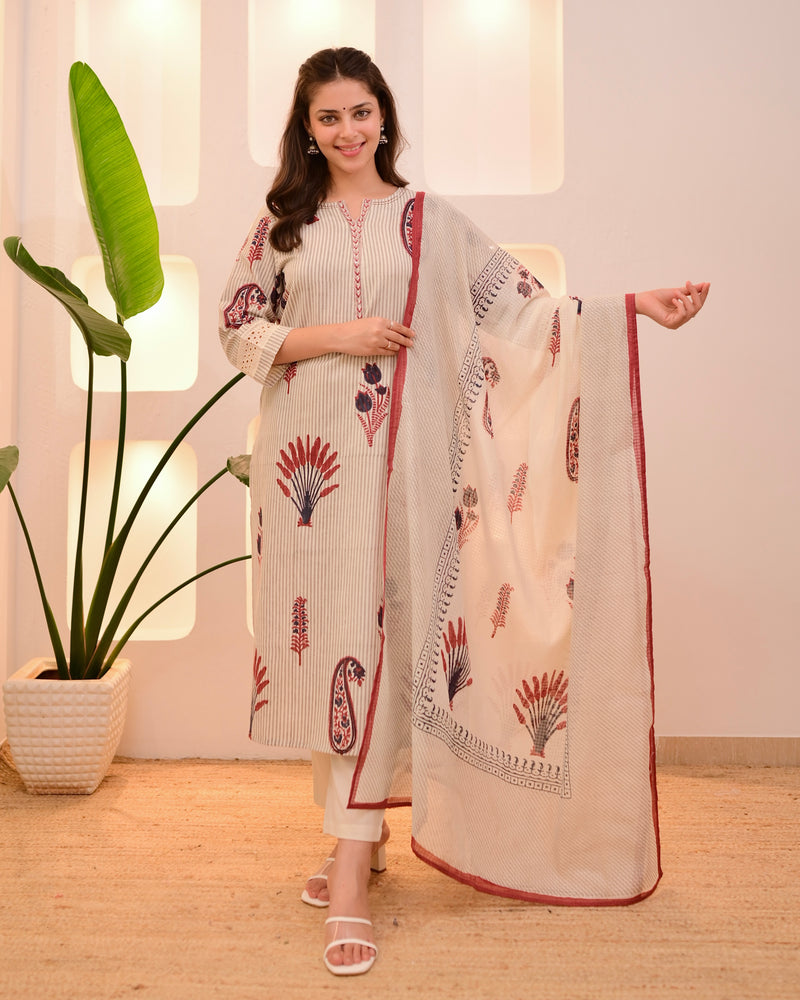 Ivory Red Paisley Striped Cotton Suit