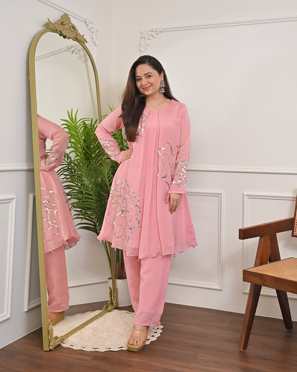 Blush Pink Chinnon Handwork Festive Co-ord