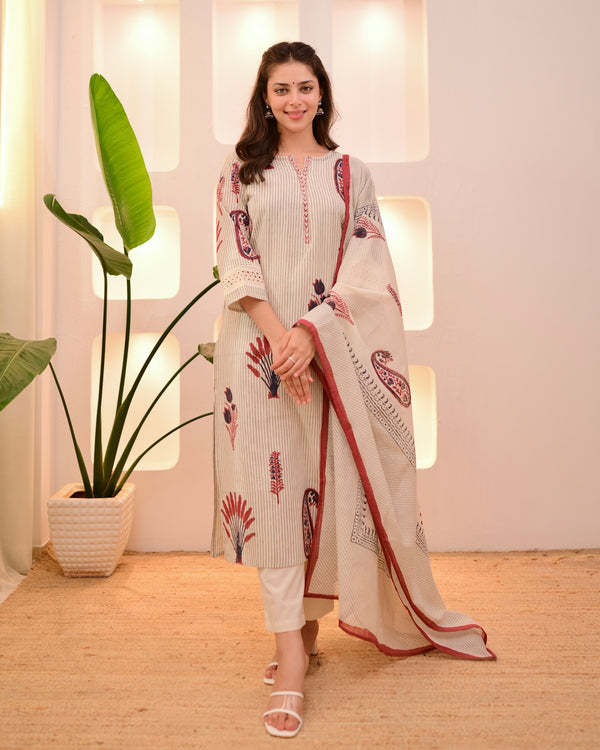 Ivory Red Paisley Striped Cotton Suit