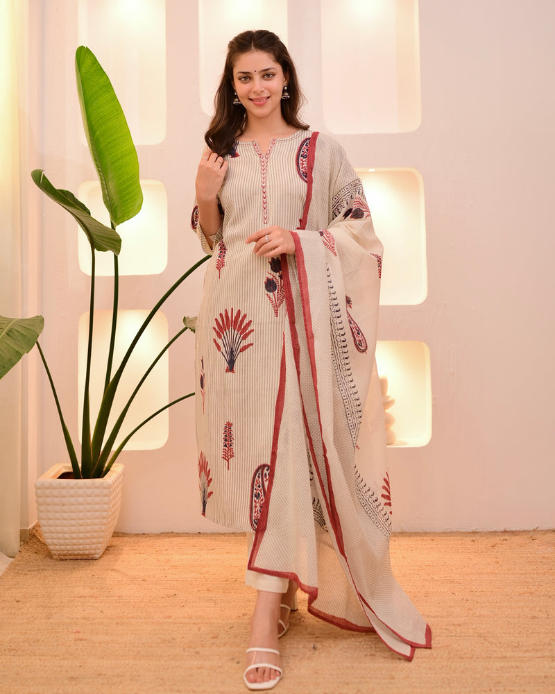 Ivory Red Paisley Striped Cotton Suit