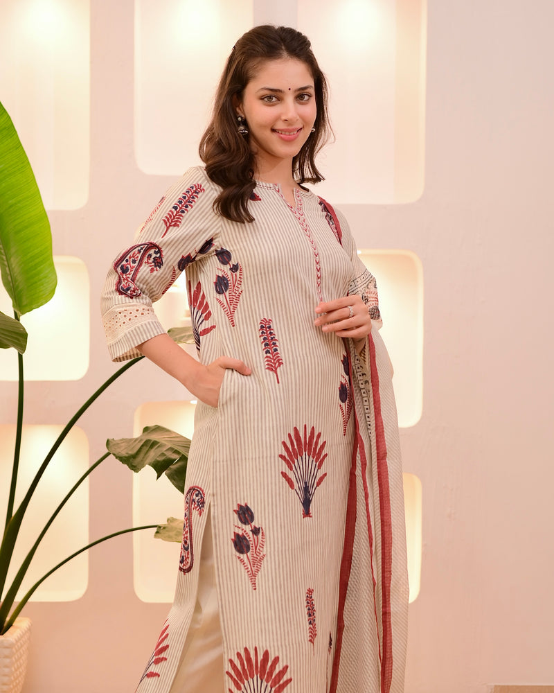 Ivory Red Paisley Striped Cotton Suit
