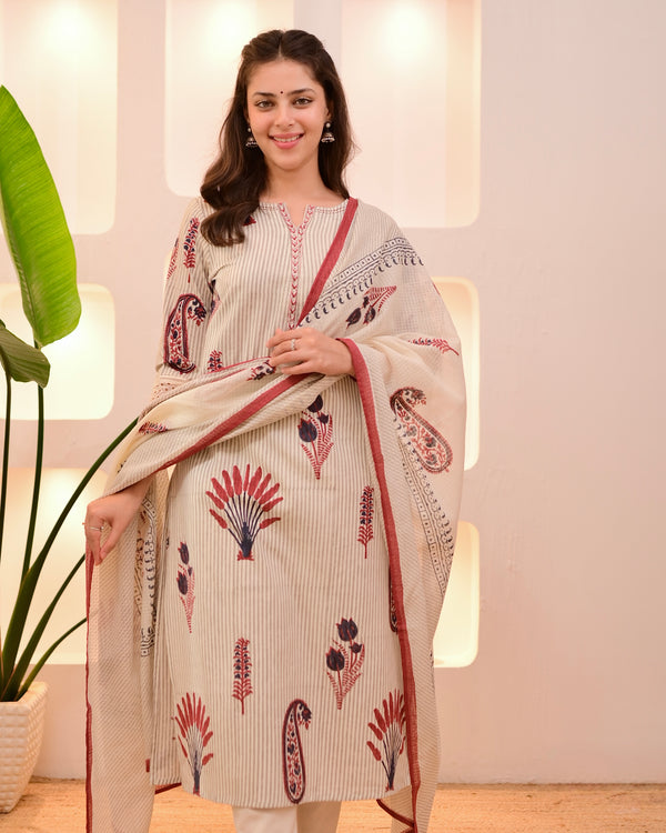 Ivory Red Paisley Striped Cotton Suit
