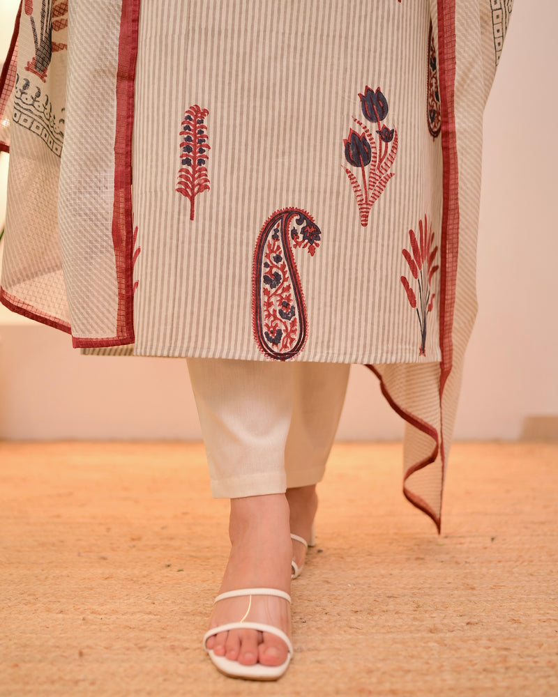 Ivory Red Paisley Striped Cotton Suit