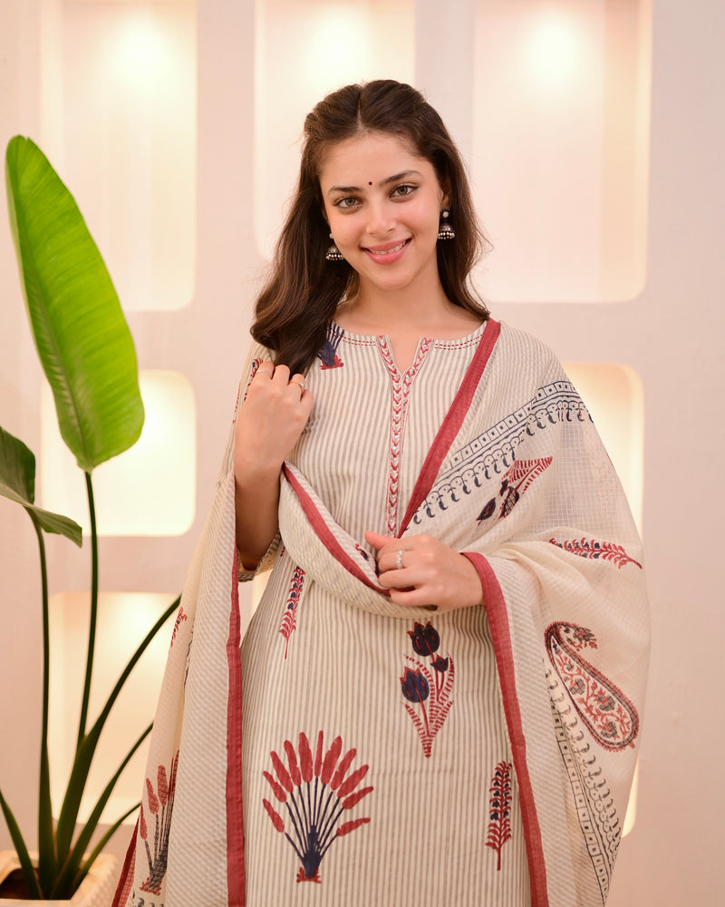 Ivory Red Paisley Striped Cotton Suit