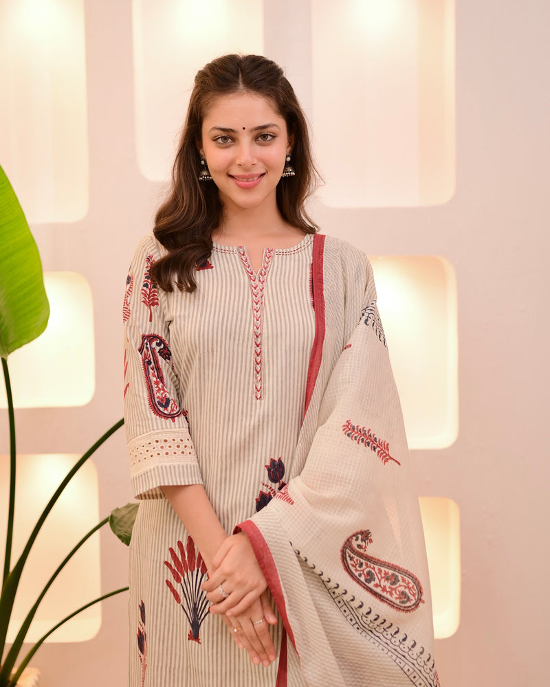 Ivory Red Paisley Striped Cotton Suit