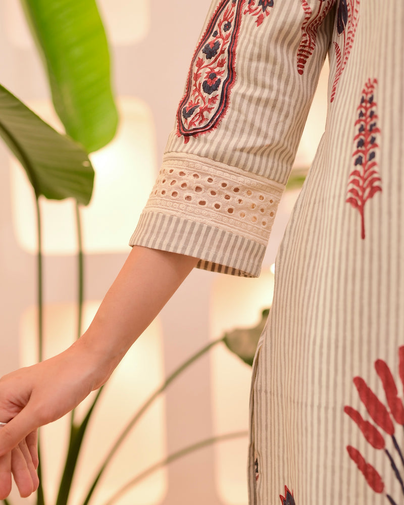 Ivory Red Paisley Striped Cotton Suit