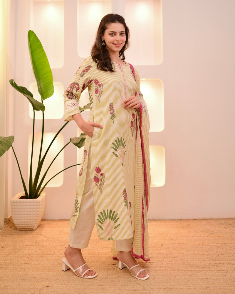 Ivory Green Lotus Striped Cotton Suit
