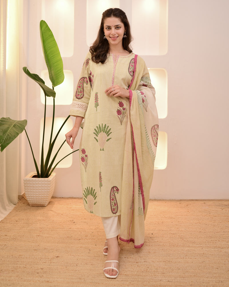 Ivory Green Lotus Striped Cotton Suit