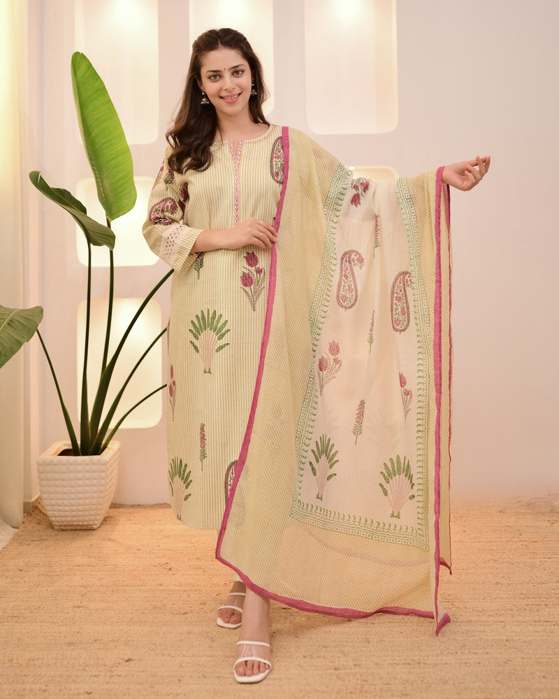 Ivory Green Lotus Striped Cotton Suit