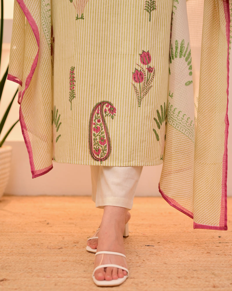 Ivory Green Lotus Striped Cotton Suit