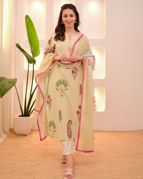 Ivory Green Lotus Striped Cotton Suit