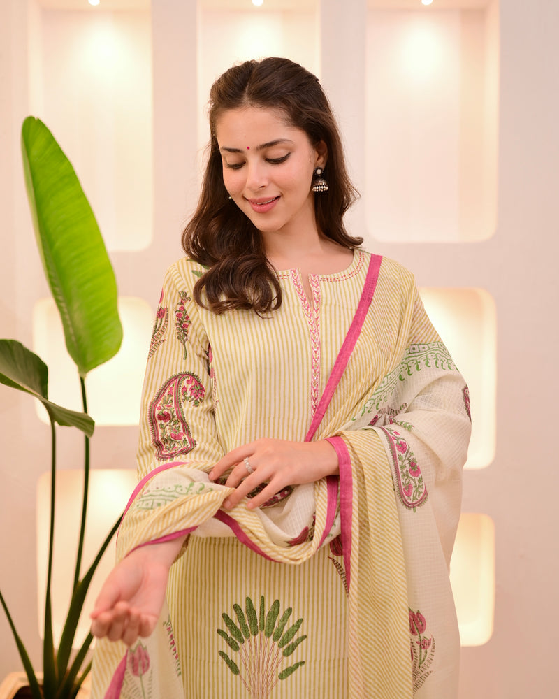 Ivory Green Lotus Striped Cotton Suit