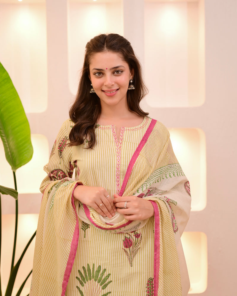 Ivory Green Lotus Striped Cotton Suit