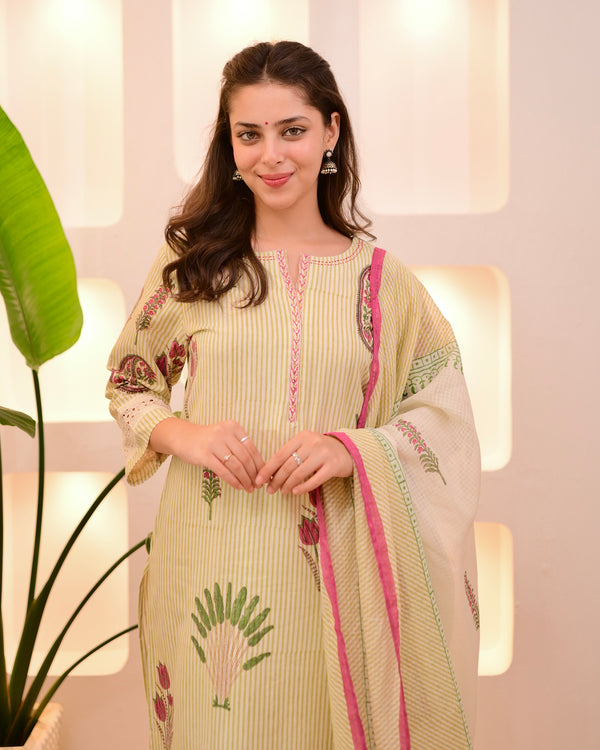 Ivory Green Lotus Striped Cotton Suit