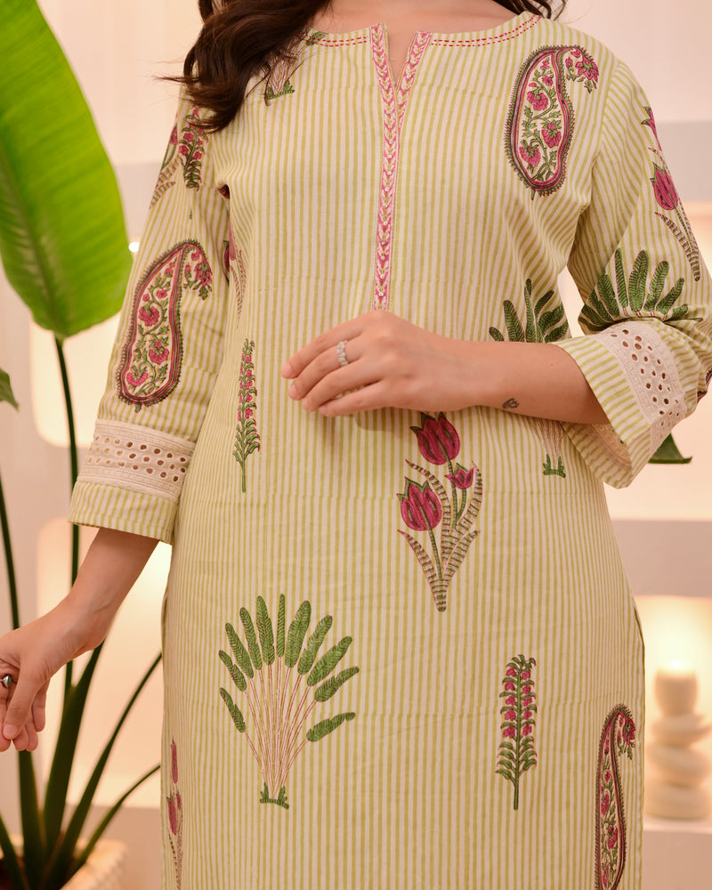 Ivory Green Lotus Striped Cotton Suit