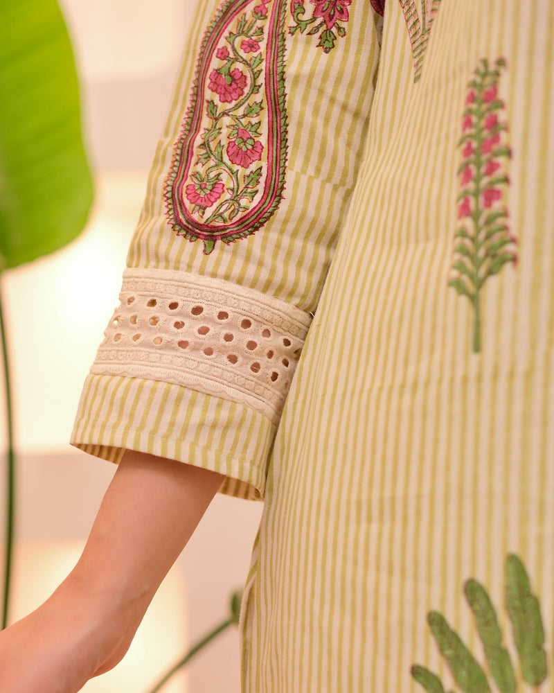 Ivory Green Lotus Striped Cotton Suit