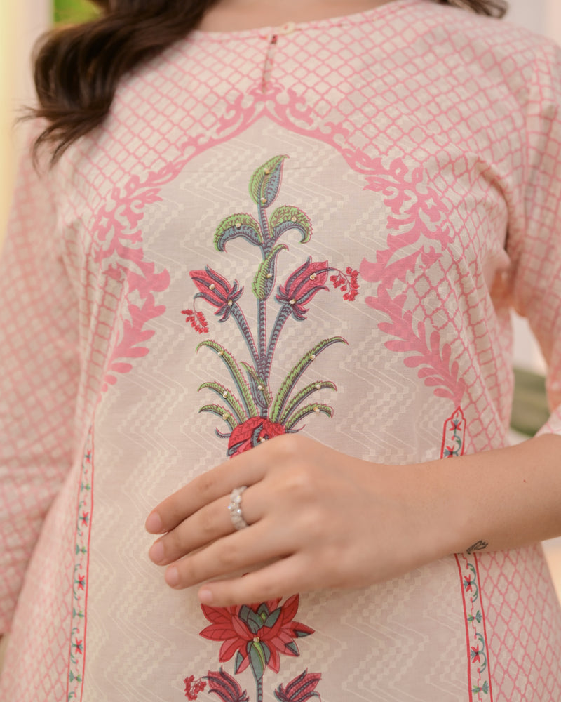 Ivory Pink Floral Blossom Cotton Suit