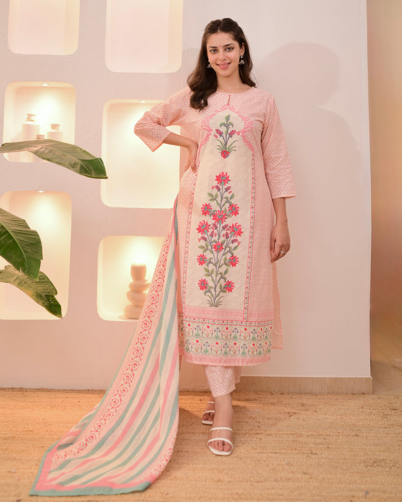Ivory Pink Floral Blossom Cotton Suit