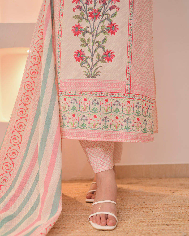 Ivory Pink Floral Blossom Cotton Suit