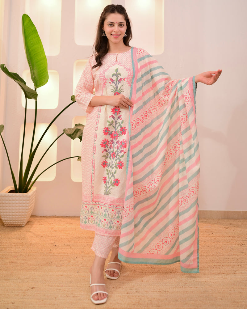 Ivory Pink Floral Blossom Cotton Suit