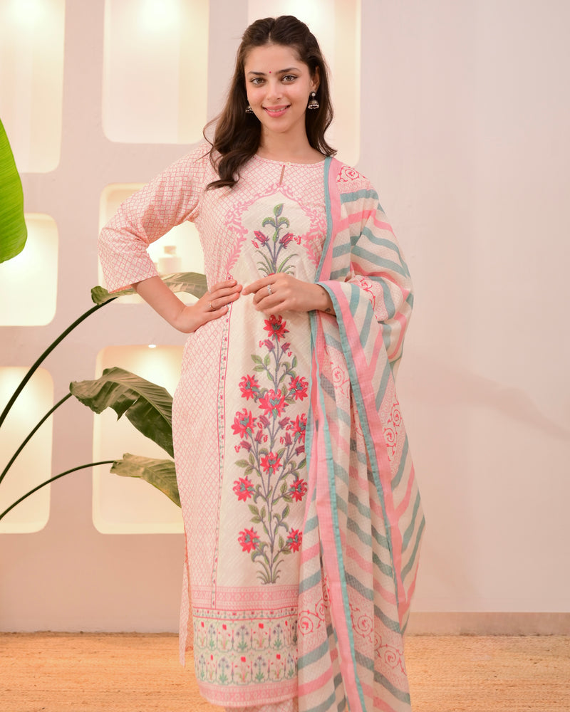 Ivory Pink Floral Blossom Cotton Suit