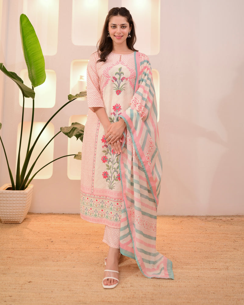 Ivory Pink Floral Blossom Cotton Suit