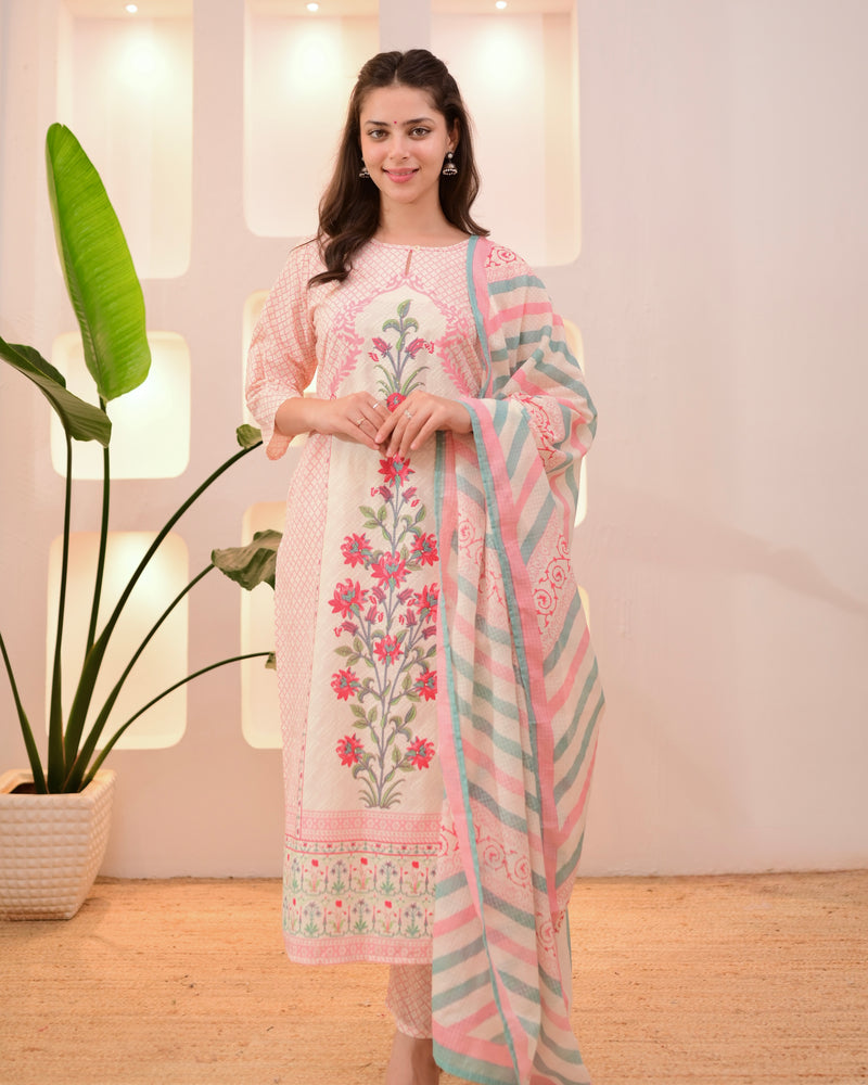 Ivory Pink Floral Blossom Cotton Suit