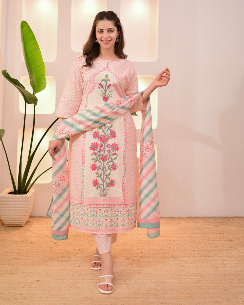 Ivory Pink Floral Blossom Cotton Suit