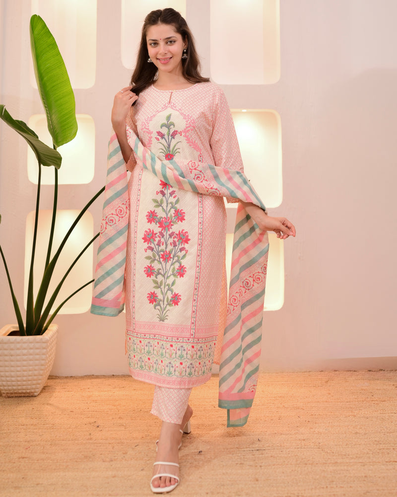 Ivory Pink Floral Blossom Cotton Suit