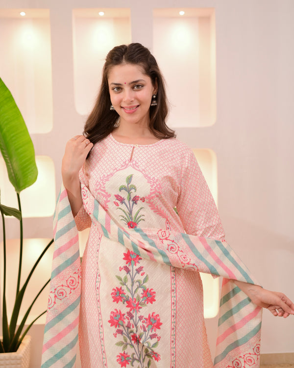 Ivory Pink Floral Blossom Cotton Suit