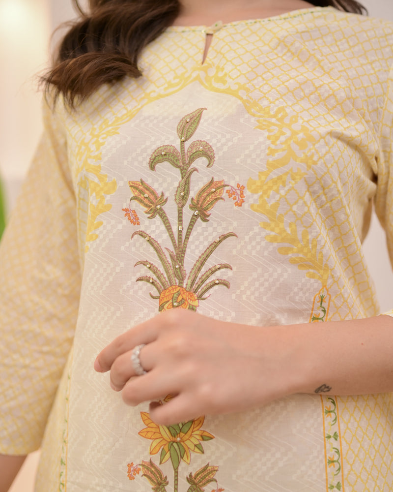 Ivory Yellow Floral Blossom Cotton Suit