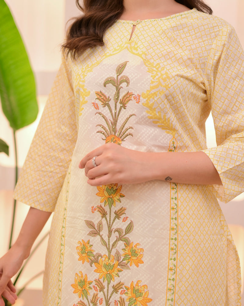 Ivory Yellow Floral Blossom Cotton Suit