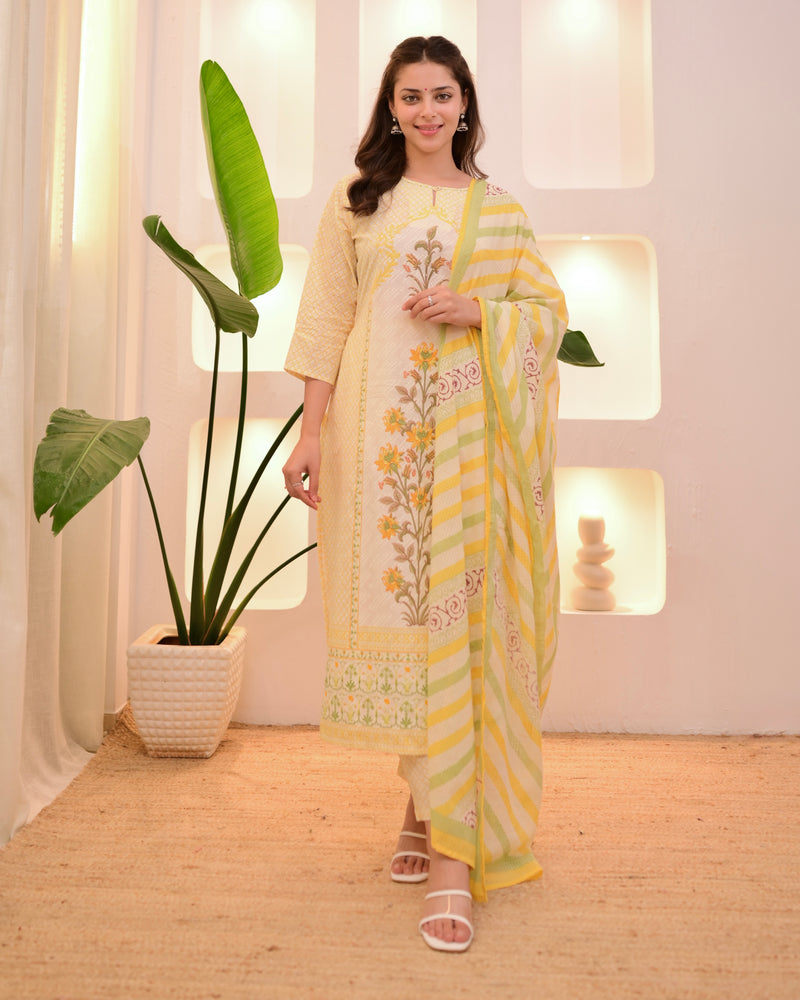 Ivory Yellow Floral Blossom Cotton Suit