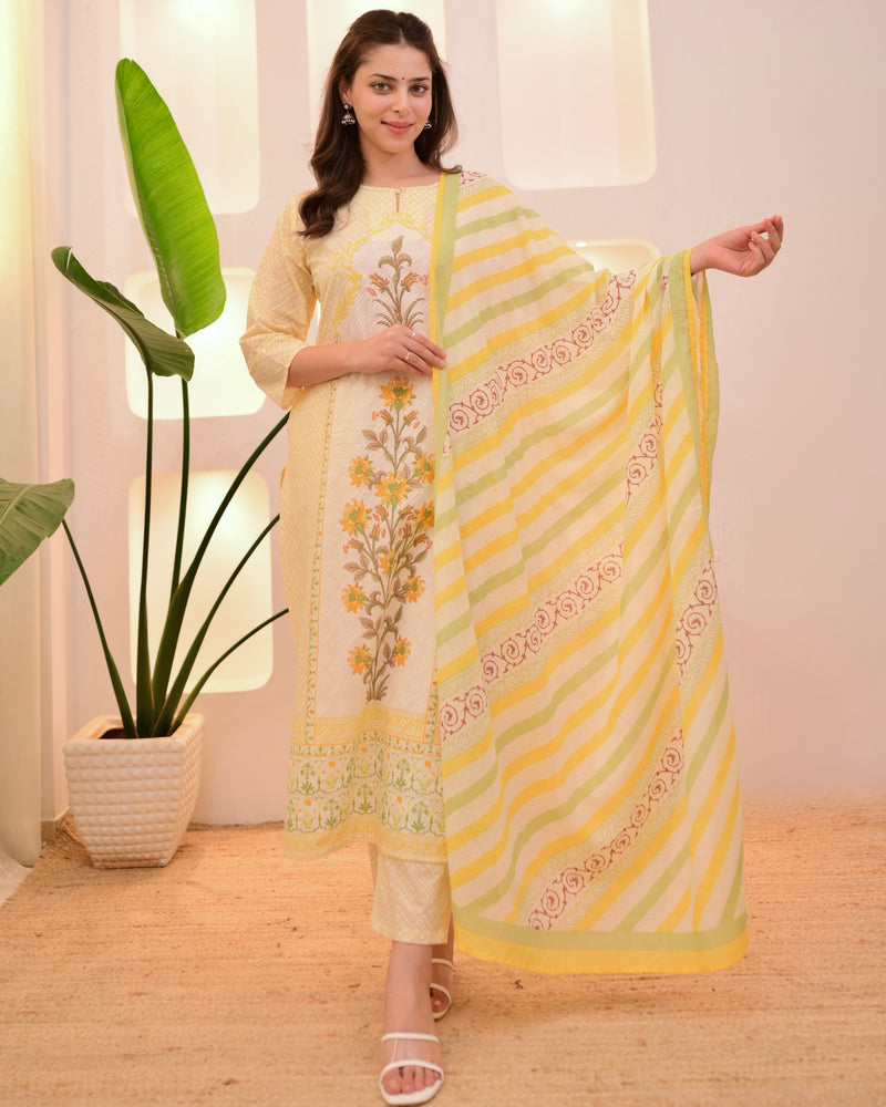 Ivory Yellow Floral Blossom Cotton Suit