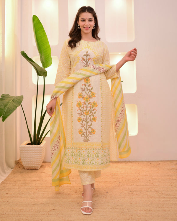 Ivory Yellow Floral Blossom Cotton Suit