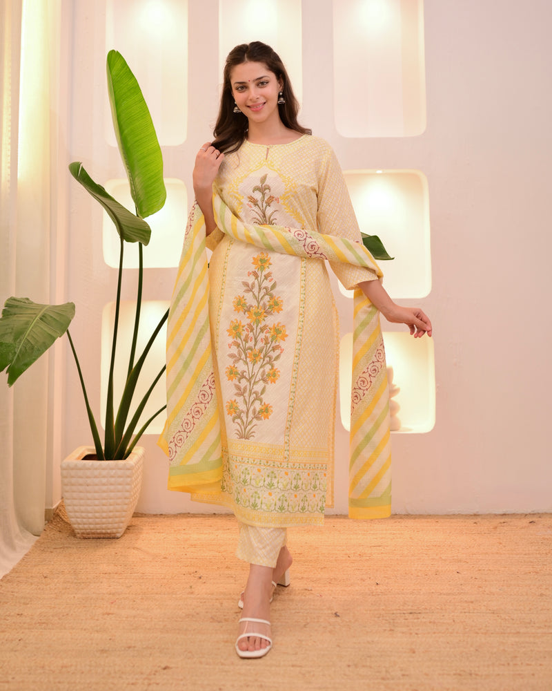 Ivory Yellow Floral Blossom Cotton Suit