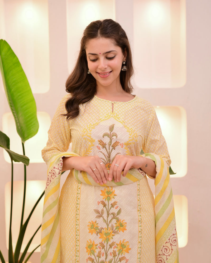 Ivory Yellow Floral Blossom Cotton Suit
