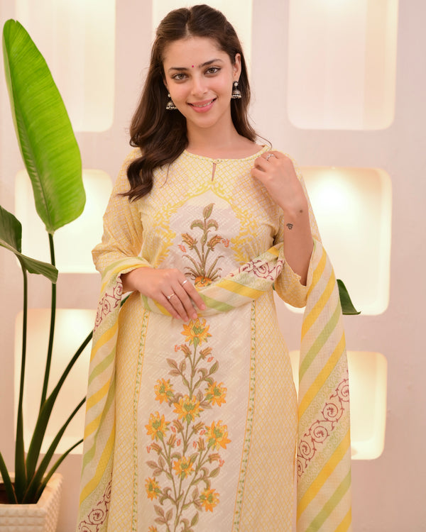 Ivory Yellow Floral Blossom Cotton Suit