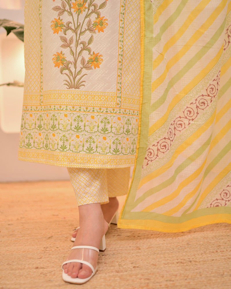Ivory Yellow Floral Blossom Cotton Suit