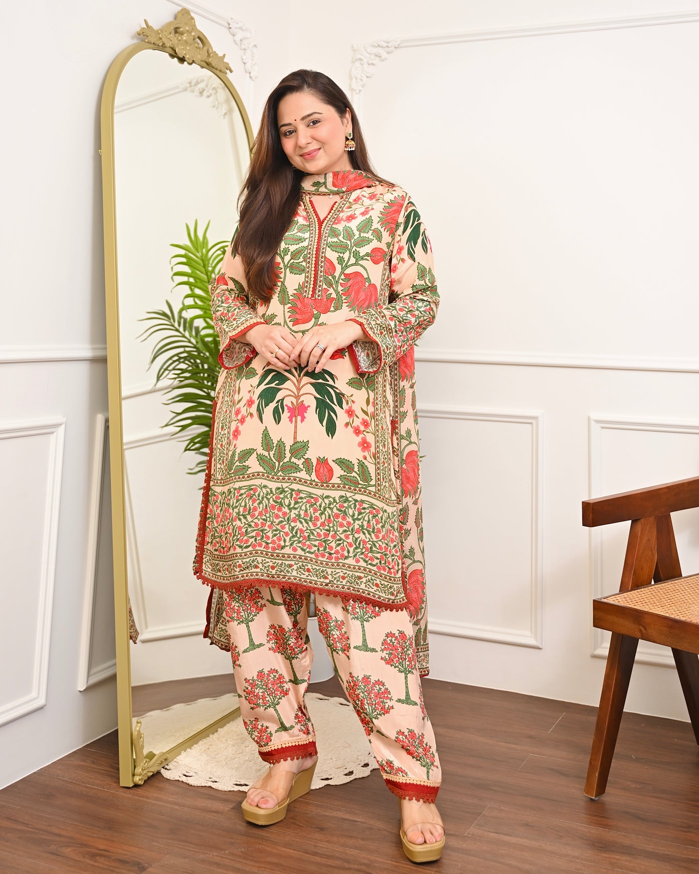 Ivory Mughal Floral Digital Printed Premium Crepe Suit