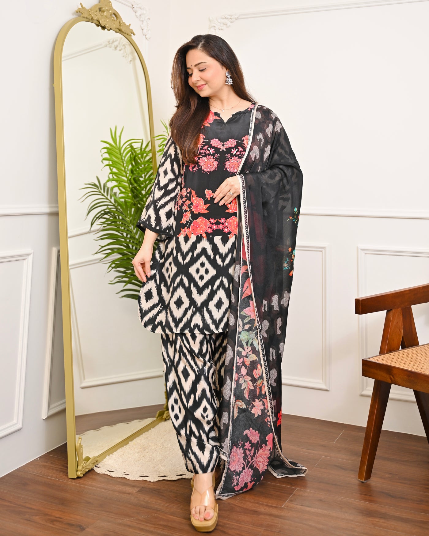 Black Ikat Bloom Digital Printed Premium Crepe Suit