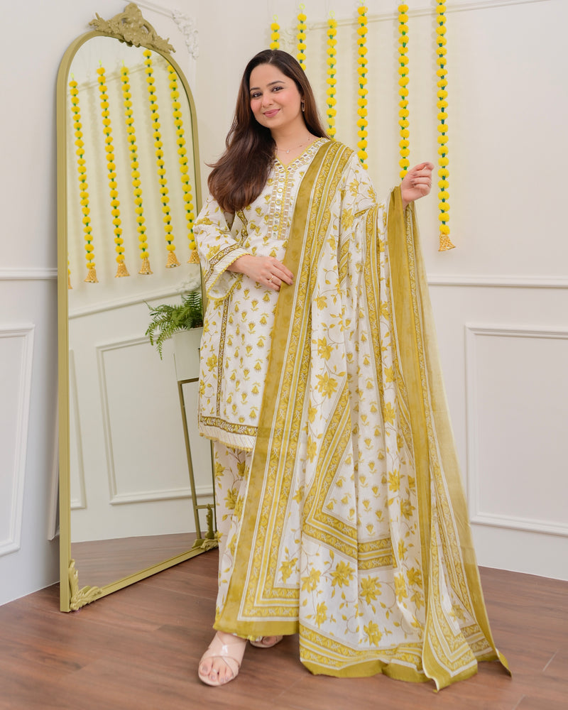 Ivory Yellow Floral Mirror Work Cotton Suit