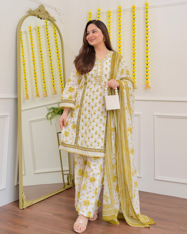 Ivory Yellow Floral Mirror Work Cotton Suit