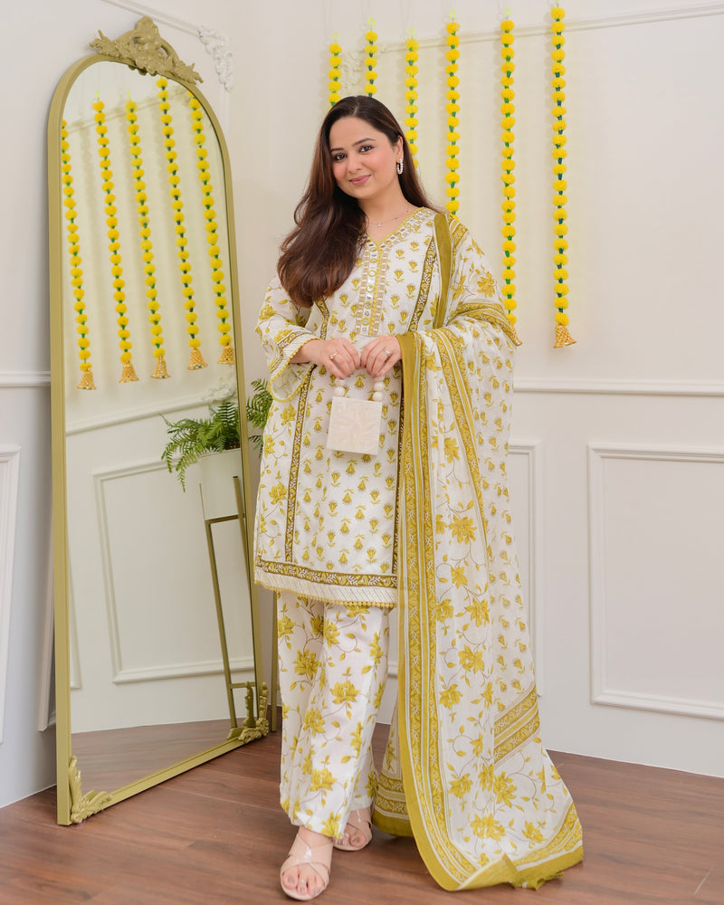 Ivory Yellow Floral Mirror Work Cotton Suit