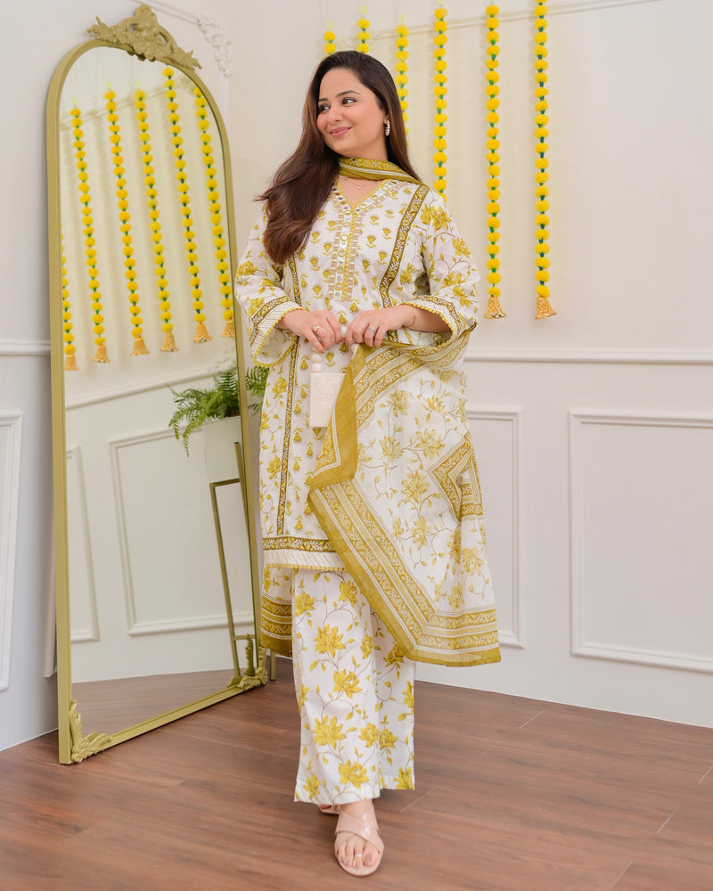 Ivory Yellow Floral Mirror Work Cotton Suit